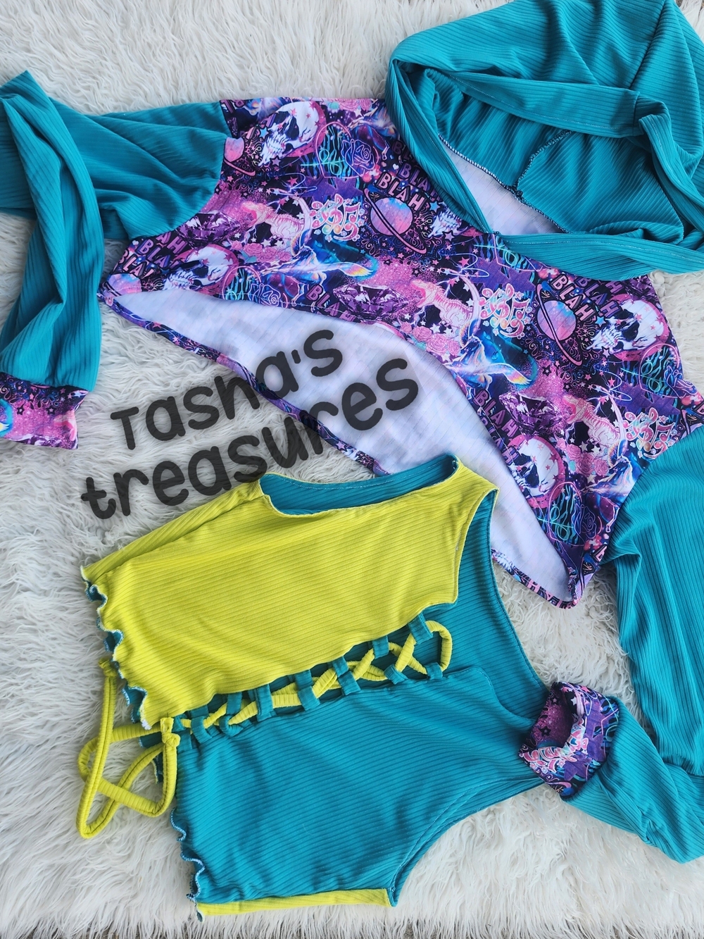 2 Piece Crop Hoodie Neon Unicorn Galaxy Lace Up Crop Set Small Medium Handmade